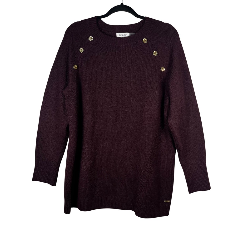 Calvin Klein Sweater Women's Burgundy‎ Gold Button Pullover Size Large